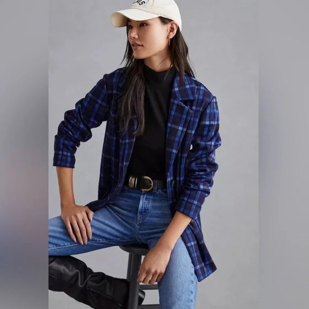 Avec Les Filles Longline Plaid Blazer Navy